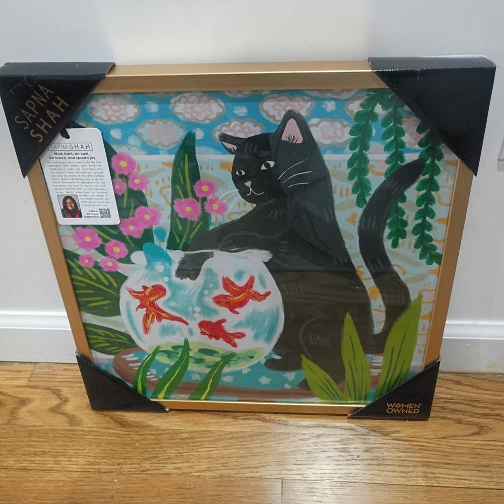 NWT NEW Sapna Shah Cat Art Framed Print large 24 X24